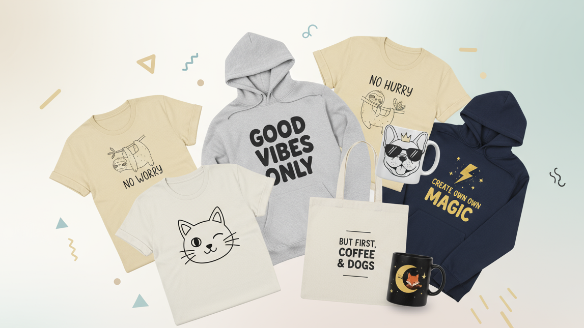 Create a clean, modern, and playful website banner for a print-on-demand store that sells minimalist and trendy designs. Showcase a mix of products like t-shirts, hoodies, mugs, and tote bags featuring simple line-art icons, text-based graphics, and fun, pet-inspired illustrations. The design should feel stylish yet humorous, with a balanced combination of cute pet elements, trendy phrases, and minimal geometric or doodle icons. Use a light, neutral background (white, beige, or soft pastel) with subtle colo